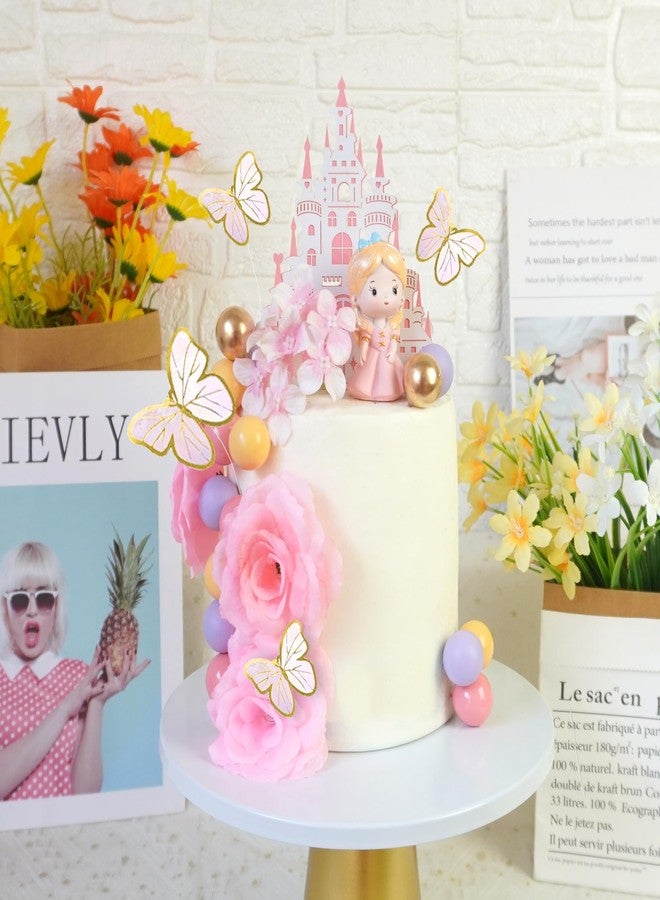 DRWATE 39 PCS Princess Cake Topper Castle Cake Decoration with Butterflies Artificial Flowers and Balls for Princess Birthday Supplies (Pink and Purple) - Image 3